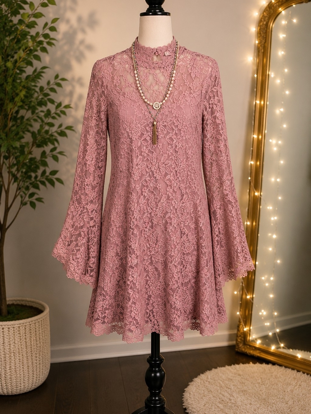 Adam Levine Collection Dusty Rose Lace Bell-Sleeve Dress